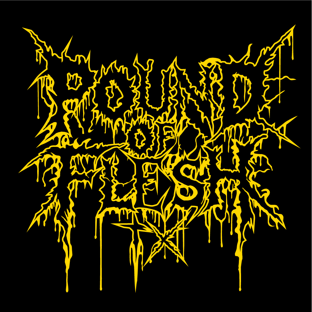 Pound Of FLesh TX Logo with black letters and a gold outline. This was for the new shirt design.